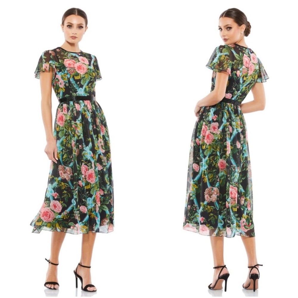 Mac Duggal Black Floral Midi Dress